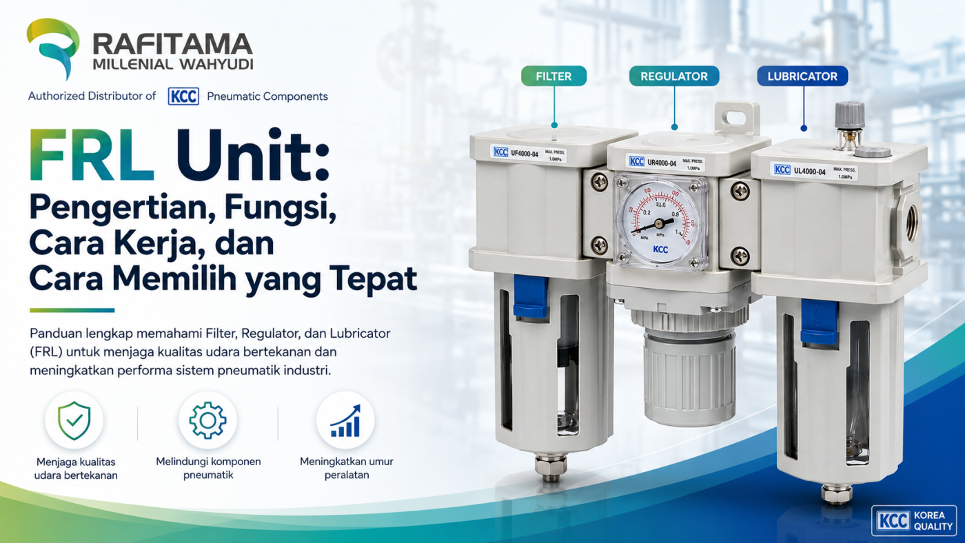 Unit FRL pneumatik terdiri dari filter udara, regulator tekanan, dan lubricator terpasang berurutan pada sistem pneumatik industri