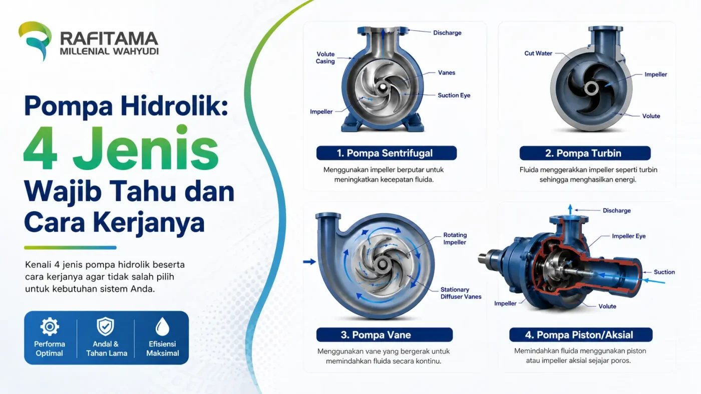 Ilustrasi 4 jenis pompa hidrolik yaitu pompa sentrifugal, pompa turbin, pompa vane, dan pompa piston beserta cara kerjanya
