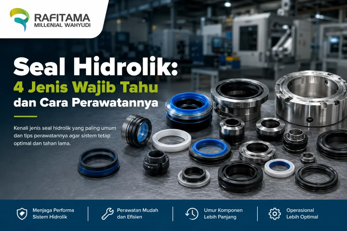Berbagai variasi jenis seal hidrolik berwarna biru dan hitam tertata rapi di atas meja kerja