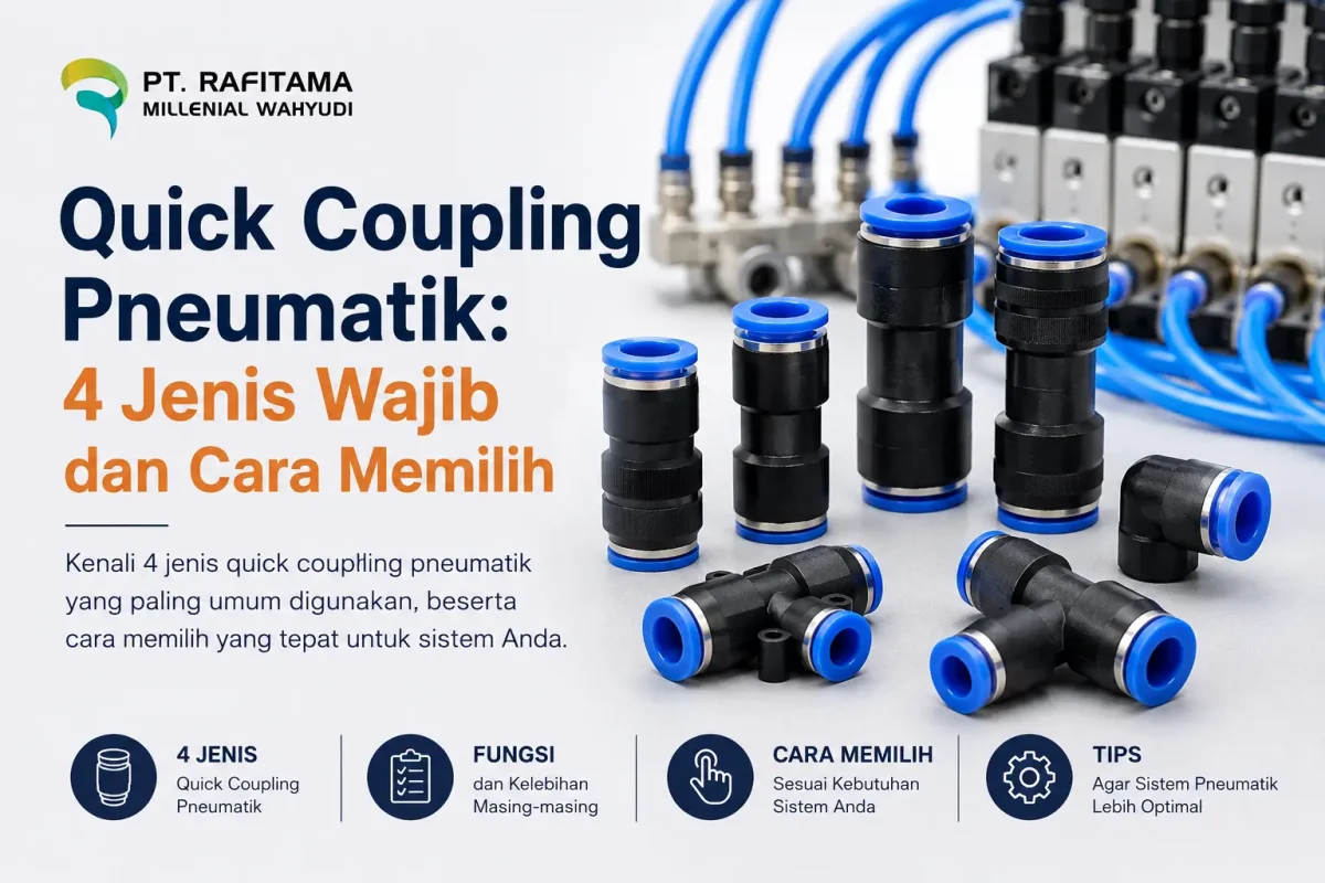Berbagai jenis quick coupling pneumatik dan push-in fitting terpasang pada jalur tubing sistem pneumatik industri