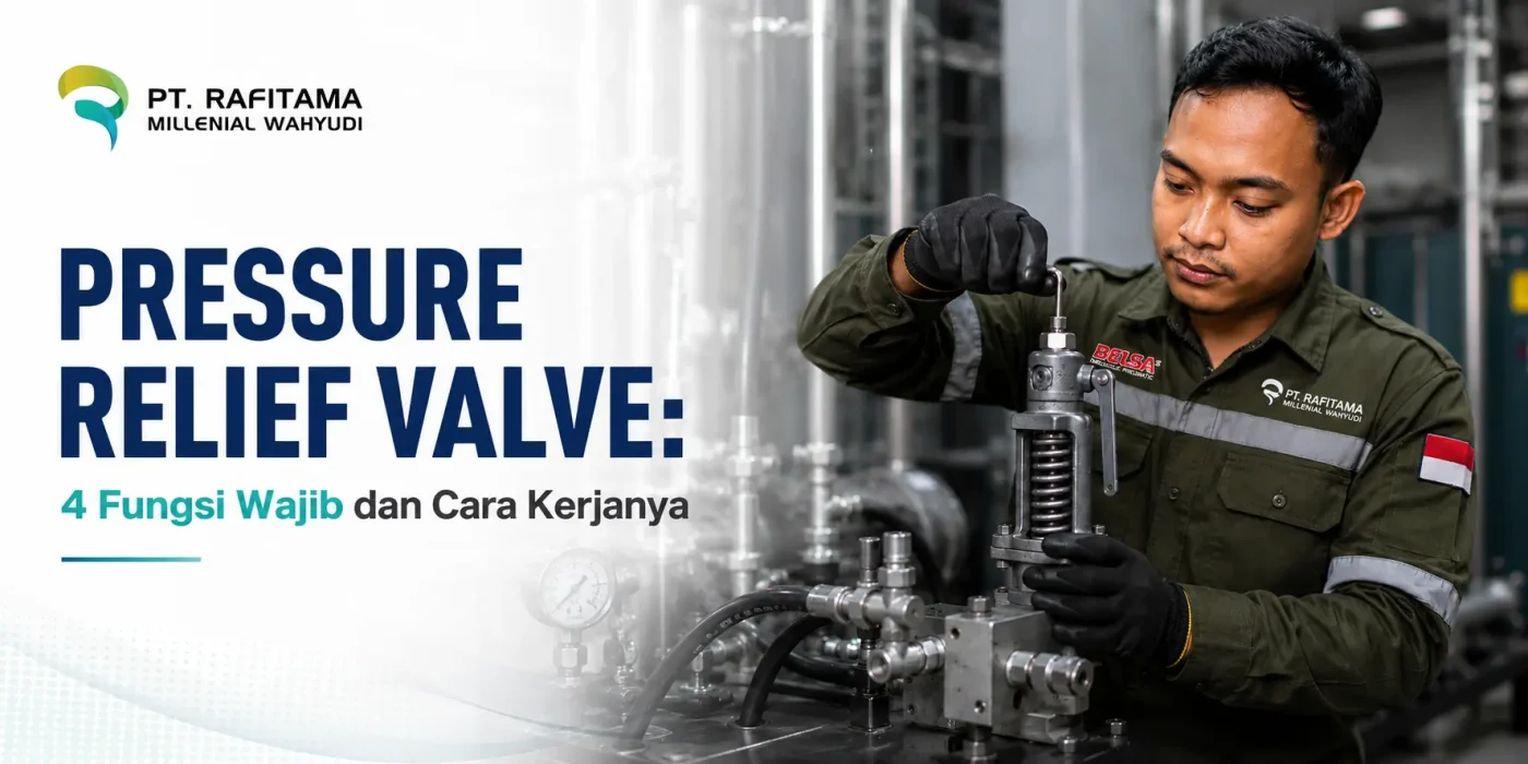 Teknisi industri menyetel set pressure pada pressure relief valve menggunakan kunci di panel sistem hidrolik mesin